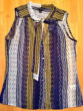 Banana Republic Navy, Mustard & White Sleeveless Tie-Neck Blouse